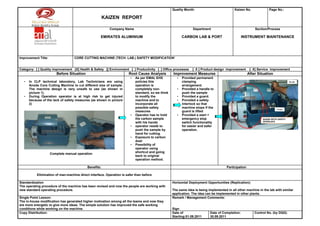 Quality Month:                          Kaizen No.              Page No.:

                                                       KAIZEN REPORT

                                                          Company Name                                           Department                                Section/Process

                                                    EMIRATES ALUMINIUM                                     CARBON LAB & PORT                      INSTRUMENT MAINTENANCE




Improvement Title:                 CORE CUTTING MACHINE (TECH. LAB.) SAFETY MODIFICATION’


Category: [ ] Quality improvement [X] Health & Safety [] Environment [ ] Productivity [ ] Office processes       [ X ] Product design improvement       [ X] Service improvement
                        Before Situation                              Root Cause Analysis           Improvement Measures                               After Situation
                                                                        •   As per EMAL EHS            •   Provided permanent
   •   In CLP technical laboratory, Lab Technicians are using               policies this                  clamping                                                                 Handle

       Anode Core Cutting Machine to cut different size of sample.          operation is                   arrangement.
       The machine design is very unsafe to use (as shown in                completely non-            •   Provided a handle to
       picture 1).                                                          standard, so we think          push the sample
   •   During Operation operator is at high risk to get injured             to modify the              •   Provided a guard.
       because of the lack of safety measures (as shown in picture          machine and to             •   Provided a safety
       2)                                                                   incorporate all                interlock so that
                                                                            possible safety                machine stops if the                                           Clamps
                                                                            measures                       guard is lifted
                                                                        •   Operator has to hold       •   Provided a start +
                                                                            the carbon sample              emergency stop                                       GUARD WITH SAFETY
                                                                                                                                                                INTERLOCK
                                                                            with his hands                 switch functionality
                                                                        •   operator needs to              for easier and safer
                                                                            push the sample by             operation.
                                                                            hand for cutting.
                                                                        •   Exposure to carbon
                                                                            dust
                                                                        •   Possibility of
                                                                            operator using
                                                                            shortcut and going
                     Complete manual operation
                                                                            back to original
                                                                            operation method.

                                           Benefits:                                                                                   Participation

           Elimination of man-machine direct interface. Operation is safer than before

Standardization                                                                                     Horizontal Deployment Opportunities (Replication):
The operating procedure of the machine has been revised and now the people are working with
new standard operating procedure.                                                                   The same idea is being implemented in all other machine in the lab with similar
                                                                                                    application. The idea can be implemented in other plants.
Single Point Lesson:                                                                                Remark / Management Comments:
The in-house modification has generated higher motivation among all the teams and now they
are more energetic to give more ideas. The simple solution has improved the safe working
conditions while working on the machine.                                                            Sign
Copy Distribution:                                                                                  Date of                 Date of Completion:            Control No. (by DQG)
                                                                                                    Starting:01.09.2011     30.09.2011
 