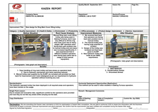 Quality Month: September 2011                 Kaizen No.                 Page No.:

                                            KAIZEN REPORT

                      Company Name                                                                Department                                    Section/Process
                      EMIRATES ALUMINIUM                                                          CARBON, LAB & PORT                            BAKING FURNACES




Improvement Title:    New design for Ring Main Cover lifting trolley.

Category: [ ] Quality improvement [X ] Health & Safety [ ] Environment [ ] Productivity [ ] Office processes              [ ] Product design improvement        [ ] Service improvement
                   Before Situation                             Root Cause Analysis                 Improvement Measures                                   After Situation
                                                              Manual Ring main cover lifting           1- We received feed back
                                                                 trolley was being used in               that operators are facing
                                                               Baking Furnaces, and it was               back pain problem due to
                                                                very difficult to lift the ring                manual trolley.
                                                              main hole cover due to heavy            2- The manual trolley was
                                                               weight. ABF operators were                having huge potential of
                                                              facing back pain problem due                        incident
                                                             to manual trolley and sick leave        3- Design of the trolley was
                                                              was increased significantly. It             reviewed and feed back
                                                                  was experienced that in                     given to SLWP.
                                                               different smelters operators          4- New hydraulic trolley was
                                                              were facing back pains due to                 made as per EMAL
                                                                   usage of fully manual                        requirement.
                                                                         equipment.
                                                                                                                                             (Photographs / data graph and description)

      (Photographs / data graph and description)
                                      Benefits:                                                                                            Participation
                                                                                                                                          1- ABID MASOOD
          1- Easy handling of ring main trolley and less stress on operators back.                                                    2- Pandarinathan Sankar
                2- Due to hydraulic mechanism sick leave reporting reduced.                                                             3- Khursheed Ahmed
      3- Manual trolley was supplied by the SLWP, we reviewed and provided our feed
        back for improvement and it was redesigned as per our requirement to hydraulic
                             operation without involving any cost.


Standardization                                                                                   Horizontal Deployment Opportunities (Replication):
The hydraulic operated trolley has been deployed in all required areas and operators              This method can be used in other smelters in Baking Furnace operation.
have been trained on the usage.

Single Point Lesson:                                                                              Remark / Management Comments:
Due to simple and innovative idea, significant comfort to the operators were provided
and now they do not feel any stress while carrying out the task.
                                                                                                  Sign
Copy Distribution:                                                                                Date of Starting:         Date of Completion:                 Control No. (by DQG)
                                                                                                  5/01/2011                 5/3/2011

Declaration: We are submitting this Kaizen case voluntarily to DQG for participation in Kaizen Blitz competition. We are glad to authorize DQG to share this information with the Business
community at large to promote Continual Improvement and good practices. We confirm that the improvement has been initiated and completed during the Kaizen Blitz week
Signed by Authorised signatory: _______________________Name:________________________________Designation:_____________________________________ Date: ____/____/________
 