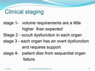 Clinical staging 
stage 1-volume requirements are a little 
higher than expected 
Stage 2 -occult dysfunction in each organ 
stage 3 -each organ has an overt dysfunction 
and requires support 
stage 4-patient dies from sequential organ 
failure. 
9/17/2014 
26 
www.drjayeshpatidar.blogspot.com  