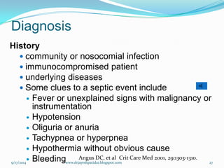 Diagnosis 
History 
community or nosocomial infection 
immunocompromised patient 
underlying diseases 
Some clues to a septic event include 
Fever or unexplained signs with malignancy or instrumentation 
Hypotension 
Oliguria or anuria 
Tachypnea or hyperpnea 
Hypothermia without obvious cause 
Bleeding 
Angus DC, et alCrit Care Med 2001, 29:1303-1310. 
9/17/2014 
27 
www.drjayeshpatidar.blogspot.com  