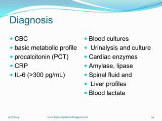 Diagnosis 
CBC 
basic metabolic profile 
procalcitonin (PCT) 
CRP 
IL-6 (>300 pg/mL) 
Blood cultures 
Urinalysis and culture 
Cardiac enzymes 
Amylase, lipase 
Spinal fluid and 
Liver profiles 
Blood lactate 
9/17/2014 
29 
www.drjayeshpatidar.blogspot.com  