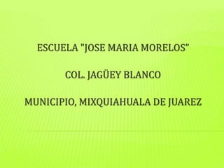 ESCUELA "JOSE MARIA MORELOS”
COL. JAGÜEY BLANCO
MUNICIPIO, MIXQUIAHUALA DE JUAREZ
 