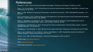 References
• Boopathy, R., 2000. “Factors limiting bioremediation technologies”. Bioresource Technology, 74 (2000), pg. 63-67.
• Dong, T., Xu, G. and Wang, F., 2015. “Oil spill cleanup by structured natural sorbents made from cattail fibers”. Industrial Crops
and Products, 76, pg. 25-33.
• Möller, T., 2008. “Methods for Assessing Oil Spill Impact on the Marine Environment”. ITOPF, GdR AMURE Presentation, 10-11
May 2007.
• Lin, K. A. and Chen S., 2015. “Enhanced Removal of Oil Droplets from Oil-in-Water Emulsions Using Polyethylenimine-Modified
Rice Husk”. Waster Biomass Valor, 6, pg. 495-505.
• Razavi, Z., Mirghaffari, N. and Rezaei, B., 2013. “Performance Comparison of Raw and Thermal Modified Rice Husk for
Decontamination of Oil Polluted Water”. Clean – Soil, Air, Water. 43 (2), pg. 182-190.
• Viraraghavan, T. and Srinivasan, A., 2010. “Oil removal from water by fungal biomass: A factorial design analysis”. Journal of
Hazardous Materials, 175, pg. 695-702.
• Viraraghavan, T. and Srinivasan, A., 2008. “Removal of oil by walnut shell media”. Bioresource Technology, 99, pg. 8217-8220.
• Yuan, J., Lui, X., Akbulut, O., Hu, J., Suib, S. L., Kong, J. and Stellacci, F., 2008. “Superwetting nanowire membranes for
selective absorption”. Nature nanotechnology, Vol 3, June 8.
• Wang, Z., et al., 1999. “Oil Spill identification”. Journal of Chromatography A, 845, pg. 369-411.
• Google Images, http://www.google.com
• NOAA, http://www.noaa.gov/
• World Health Organization, http://www.who.int/en/
 