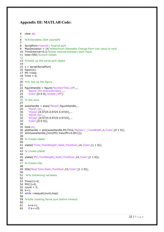 22 | P a g e
Appendix III: MATLAB Code:
4 clear all;
5
6 %%Variables (Edit yourself)
7
8 SerialPort='com10'; %serial port
9 MaxDeviation = 14;%Maximum Allowable Change from one value to next
10 TimeInterval=0.2;%time interval between each input.
11 loop=500;%count values
12
13 %%Set up the serial port object
14
15 s = serial(SerialPort)
16 fopen(s);
17 PH =now;
18 Time = 0;
19
20 %% Set up the figure
21
22 figureHandle = figure('NumberTitle','off',...
23 'Name','PH Characteristics',...
24 'Color',[0 0 0],'Visible','off');
25
26 % Set axes
27
28 axesHandle = axes('Parent',figureHandle,...
29 'YGrid','on',...
30 'YColor',[0.9725 0.9725 0.9725],...
31 'XGrid','on',...
32 'XColor',[0.9725 0.9725 0.9725],...
33 'Color',[0 0 0]);
34
35 hold on;
36 plotHandle = plot(axesHandle,PH,Time,'Marker','.','LineWidth',1,'Color',[0 1 0]);
37 xlim(axesHandle,[min(PH) max(PH+0.001)]);
38
39 % Create xlabel
40
41 xlabel('Time','FontWeight','bold','FontSize',14,'Color',[1 1 0]);
42
43 % Create ylabel
44
45 ylabel('PH','FontWeight','bold','FontSize',14,'Color',[1 1 0]);
46
47 % Create title
48
49 title('Real Time Data','FontSize',15,'Color',[1 1 0]);
50
51 %% Initializing variables
52
53 Time(1)=0;
54 PH(1)=0;
55 count = 2;
56 k=1;
57 while ~isequal(count,loop)
58
59 %%Re creating Serial port before timeout
60
61 k=k+1;
62 if k==25
 