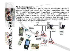 SOUZA,SandroE.
7.2- Radio Frequency
É um sistema de mobilidade para automação de processos através de
coletores de dados com comunicação por meio de ondas de rádio (2400
GHz) através de pontos de acesso (Acess Points) instalados em pontos da
empresa que permitam abrangência de cobertura. As aplicações vão
desde automação da força de vendas à controle e gerenciamento de
estoques. Utilizam uma plataforma de interface com sistemas legados
(Middleware) que gerencia a troca de dados com os coletores RF, quando
o sistema nativo não possuí o módulo de RF.
SOUZA,SandroE.
 