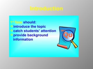 Introduction 1 st  fase  should: introduce the topic  catch  students’  attention provide background  information 