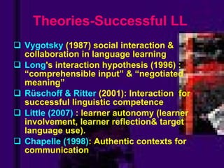Theories-Successful LL   Vygotsky   ( 19 8 7 )  social interaction  &  collaboration in language learning Long 's interaction hypothesis (1996)  :   “ comprehensible input ”   &   “ negotiated meaning ”   Rüschoff & Ritter   ( 2001 ): Interaction  for successful  linguistic competence Little (2007)   :  learner autonomy  ( learner involvement, learner reflection &  target language use ).   Chapelle (1998) :  Authentic contexts for communication 