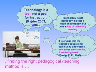 Technology is a  tool , not a goal for instruction. (Kajder 2003, 2004)  ..finding the right pedagogical /teaching method is … Technology is not pedagogy, neither a mean of pedagogy, but just a  way of delivering learning . It is crucial that the teacher’s educational community   understand  how  these tools  can be, & are being used .  (Ferdig, R. E., 2007)  