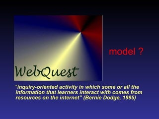 model ? “ inquiry-oriented activity in which some or all the information that learners interact with comes from resources on the internet” (Bernie Dodge, 1995) 