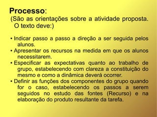 Processo:
(São as orientações sobre a atividade proposta.
 O texto deve:)
● Indicar passo a passo a direção a ser seguida pelos
    alunos.
● Apresentar os recursos na medida em que os alunos

    necessitarem.
● Especificar as expectativas quanto ao trabalho de

    grupo, estabelecendo com clareza a constituição do
    mesmo e como a dinâmica deverá ocorrer.
● Definir as funções dos componentes do grupo quando

    for o caso, estabelecendo os passos a serem
    seguidos no estudo das fontes (Recurso) e na
    elaboração do produto resultante da tarefa.
 
