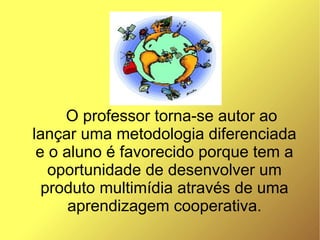 O professor torna-se autor ao
lançar uma metodologia diferenciada
 e o aluno é favorecido porque tem a
   oportunidade de desenvolver um
  produto multimídia através de uma
      aprendizagem cooperativa.
 