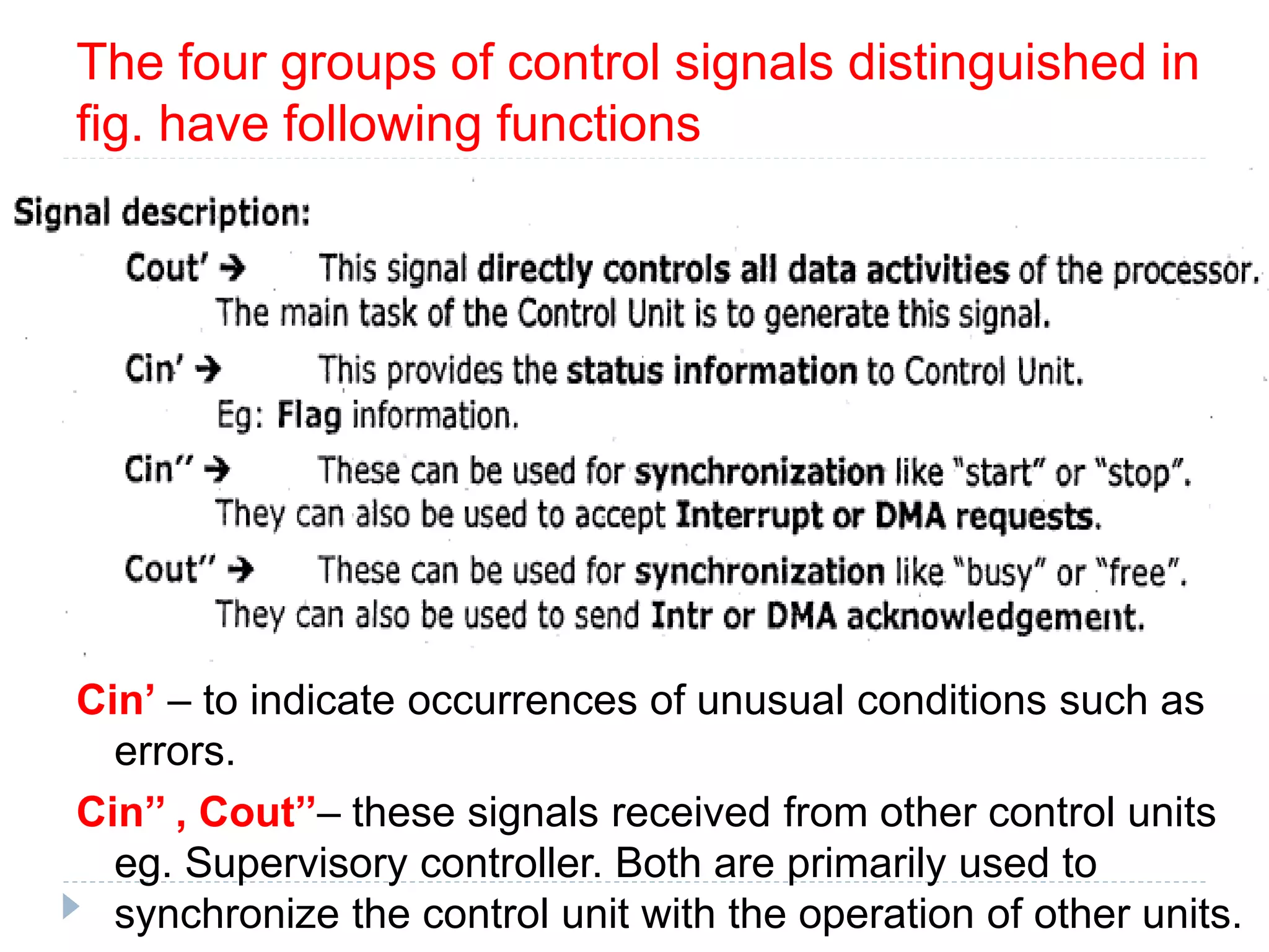 The four groups of control signals distinguished in
fig. have following functions
Cin’ – to indicate occurrences of unusual conditions such as
errors.
Cin’’ , Cout’’– these signals received from other control units
eg. Supervisory controller. Both are primarily used to
synchronize the control unit with the operation of other units.
 