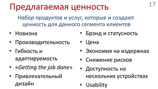 Предлагаемая ценностьНабор продуктов и услуг, которые и создают ценность для данного сегмента клиентовБрэнд и статусностьЦена Экономия на издержках Снижение рисковДоступность на нескольких устройствахUsabilityНовизнаПроизводительностьГибкость и адаптируемость«Getting the job done»Привлекательный дизайн