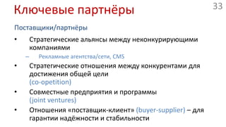 Ключевые партнёрыМотивацияОптимизация, экономия на масштабахУменьшение риска и нестабильностиНадёжные поставщикиЗаполучение определённых ресурсов и действийзнаний, лицензий, доступа к клиентам