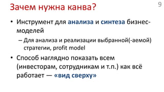 Зачем нужна канва?Инструмент для анализаи синтеза бизнес-моделейДля анализа и реализации выбранной(-аемой) стратегии, profit modelСпособ наглядно показать всем (инвесторам, сотрудникам и т.п.) как всё работает — «вид сверху»