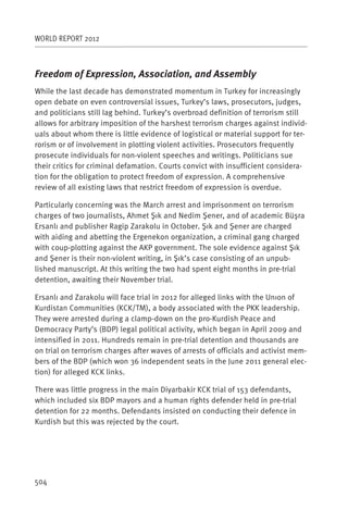 WORLD REPORT 2012



Freedom of Expression, Association, and Assembly
While the last decade has demonstrated momentum in Turkey for increasingly
open debate on even controversial issues, Turkey’s laws, prosecutors, judges,
and politicians still lag behind. Turkey’s overbroad definition of terrorism still
allows for arbitrary imposition of the harshest terrorism charges against individ-
uals about whom there is little evidence of logistical or material support for ter-
rorism or of involvement in plotting violent activities. Prosecutors frequently
prosecute individuals for non-violent speeches and writings. Politicians sue
their critics for criminal defamation. Courts convict with insufficient considera-
tion for the obligation to protect freedom of expression. A comprehensive
review of all existing laws that restrict freedom of expression is overdue.

Particularly concerning was the March arrest and imprisonment on terrorism
charges of two journalists, Ahmet Şık and Nedim Şener, and of academic Büşra
Ersanlı and publisher Ragip Zarakolu in October. Şık and Şener are charged
with aiding and abetting the Ergenekon organization, a criminal gang charged
with coup-plotting against the AKP government. The sole evidence against Şık
and Şener is their non-violent writing, in Şık’s case consisting of an unpub-
lished manuscript. At this writing the two had spent eight months in pre-trial
detention, awaiting their November trial.

Ersanlı and Zarakolu will face trial in 2012 for alleged links with the Unıon of
Kurdistan Communities (KCK/TM), a body associated with the PKK leadership.
They were arrested during a clamp-down on the pro-Kurdish Peace and
Democracy Party’s (BDP) legal political activity, which began in April 2009 and
intensified in 2011. Hundreds remain in pre-trial detention and thousands are
on trial on terrorism charges after waves of arrests of officials and activist mem-
bers of the BDP (which won 36 independent seats in the June 2011 general elec-
tion) for alleged KCK links.

There was little progress in the main Diyarbakir KCK trial of 153 defendants,
which included six BDP mayors and a human rights defender held in pre-trial
detention for 22 months. Defendants insisted on conducting their defence in
Kurdish but this was rejected by the court.




504
 