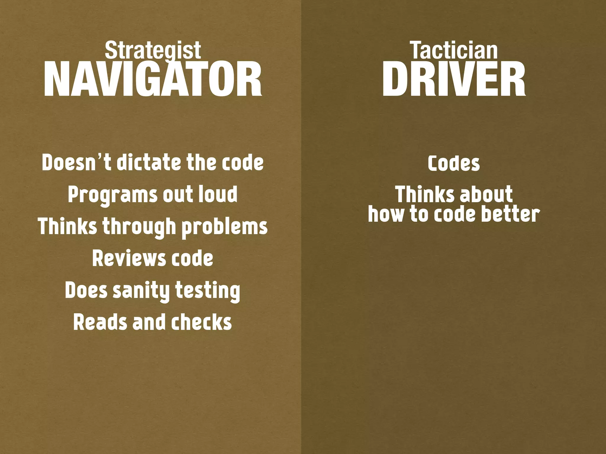 DRIVER
TacticianStrategist
NAVIGATOR
Codes
Thinks about  
how to code better
Doesn’t dictate the code
Programs out loud
Thinks through problems
Reviews code
Does sanity testing
Reads and checks
 