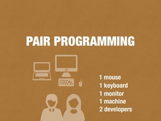 PAIR PROGRAMMING
2 developers
1 machine
1 monitor
1 keyboard
1 mouse
 