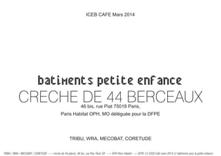 ICEB CAFE Mars 2014 
batiments petite enfance 
CRECHE DE 44 BERCEAUX 
46 bis, rue Piat 75018 Paris, 
Paris Habitat OPH, MO déléguée pour la DFPE 
TRIBU, WRA, MECOBAT, CORETUDE 
TRIBU / WRA / MECOBAT / CORETUDE --> creche de 44 places, 46 bis, rue Piat, Paris 20° --> OPH Paris Habitat --> DFPE //// ICEB Café mars 2014 /// bâtiments pour la petite enfance 
 