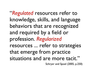 “ Regulated  resources refer to knowledge, skills, and language behaviors that are recognized and required by a field or p...