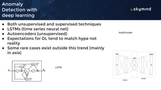 Anomaly
Detection with
deep learning
● Both unsupervised and supervised techniques
● LSTMs (time series neural net)
● Autoencoders (unsupervised)
● Expectations for DL tend to match hype not
reality
● Some rare cases exist outside this trend (mainly
in asia)
LSTM
AutoEncoder
 