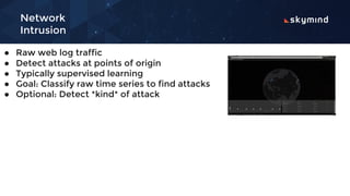 Network
Intrusion
● Raw web log traffic
● Detect attacks at points of origin
● Typically supervised learning
● Goal: Classify raw time series to find attacks
● Optional: Detect *kind* of attack
 