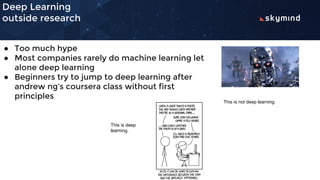 Deep Learning
outside research
● Too much hype
● Most companies rarely do machine learning let
alone deep learning
● Beginners try to jump to deep learning after
andrew ng’s coursera class without first
principles
This is not deep learning.
This is deep
learning.
 