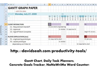 http://davidseah.com/productivity-tools/
Gantt Chart, Daily Task Planners,
Concrete Goals Tracker, NaNoWriMo Word Counter!
 