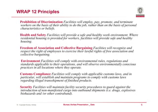 WRAP 12 Principles

    Prohibition of Discrimination Facilities will employ, pay, promote, and terminate
    workers on the basis of their ability to do the job, rather than on the basis of personal
    characteristics or beliefs.
    Health and Safety Facilities will provide a safe and healthy work environment. Where
    residential housing is provided for workers, facilities will provide safe and healthy
    housing.
    Freedom of Association and Collective Bargaining Facilities will recognize and
    respect the right of employees to exercise their lawful rights of free association and
    collective bargaining.
     Environment Facilities will comply with environmental rules, regulations and
     standards applicable to their operations, and will observe environmentally conscious
     practices in all locations where they operate.
    Customs Compliance Facilities will comply with applicable customs laws, and in
    particular, will establish and maintain programs to comply with customs laws
    regarding illegal transshipment of finished products.
    Security Facilities will maintain facility security procedures to guard against the
    introduction of non-manifested cargo into outbound shipments (i.e. drugs, explosives
    biohazards and /or other contraband).


© - Copyright Bureau Veritas         Bureau Veritas Presentation _ Date                         6
 