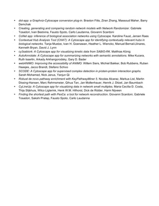 • dot-app: a Graphviz-Cytoscape conversion plug-in. Braxton Fitts, Ziran Zhang, Massoud Maher, Barry
Demchak
• Creating, generating and comparing random network models with Network Randomizer. Gabriele
Tosadori, Ivan Bestvina, Fausto Spoto, Carlo Laudanna, Giovanni Scardoni
• CoNet app: inference of biological association networks using Cytoscape. Karoline Faust, Jeroen Raes
• Contextual Hub Analysis Tool (CHAT): A Cytoscape app for identifying contextually relevant hubs in
biological networks. Tanja Muetze, Ivan H. Goenawan, Heather L. Wiencko, Manuel Bernal-Llinares,
Kenneth Bryan, David J. Lynn
• cy3sabiork: A Cytoscape app for visualizing kinetic data from SABIO-RK. Matthias König
• AutoAnnotate: A Cytoscape app for summarizing networks with semantic annotations. Mike Kucera,
Ruth Isserlin, Arkady Arkhangorodsky, Gary D. Bader
• webANIMO: Improving the accessibility of ANIMO. Willem Siers, Michiel Bakker, Bob Rubbens, Ruben
Haasjes, Jacco Brandt, Stefano Schivo
• SCODE: A Cytoscape app for supervised complex detection in protein-protein interaction graphs.
Sarah Mohamed, Nick Janus, Yanjun Qi
• Robust de novo pathway enrichment with KeyPathwayMiner 5. Nicolas Alcaraz, Markus List, Martin
Dissing-Hansen, Marc Rehmsmeier, Qihua Tan, Jan Mollenhauer, Henrik J. Ditzel, Jan Baumbach
• CyLineUp: A Cytoscape app for visualizing data in network small multiples. Maria Cecília D. Costa,
Thijs Slijkhuis, Wilco Ligterink, Henk W.M. Hilhorst, Dick de Ridder, Harm Nijveen
• Finding the shortest path with PesCa: a tool for network reconstruction. Giovanni Scardoni, Gabriele
Tosadori, Sakshi Pratap, Fausto Spoto, Carlo Laudanna
 