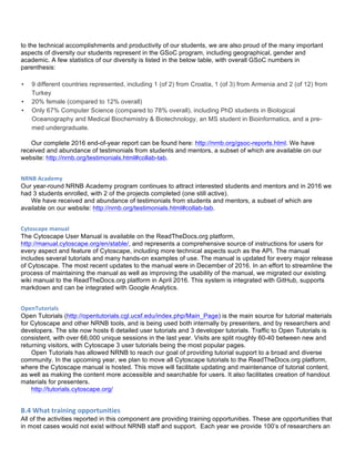 to the technical accomplishments and productivity of our students, we are also proud of the many important
aspects of diversity our students represent in the GSoC program, including geographical, gender and
academic. A few statistics of our diversity is listed in the below table, with overall GSoC numbers in
parenthesis:
• 9 different countries represented, including 1 (of 2) from Croatia, 1 (of 3) from Armenia and 2 (of 12) from
Turkey
• 20% female (compared to 12% overall)
• Only 67% Computer Science (compared to 78% overall), including PhD students in Biological
Oceanography and Medical Biochemistry & Biotechnology, an MS student in Bioinformatics, and a pre-
med undergraduate.
Our complete 2016 end-of-year report can be found here: http://nrnb.org/gsoc-reports.html. We have
received and abundance of testimonials from students and mentors, a subset of which are available on our
website: http://nrnb.org/testimonials.html#collab-tab.
NRNB	
  Academy	
  
Our year-round NRNB Academy program continues to attract interested students and mentors and in 2016 we
had 3 students enrolled, with 2 of the projects completed (one still active).
We have received and abundance of testimonials from students and mentors, a subset of which are
available on our website: http://nrnb.org/testimonials.html#collab-tab.
Cytoscape	
  manual	
   	
  
The Cytoscape User Manual is available on the ReadTheDocs.org platform,
http://manual.cytoscape.org/en/stable/, and represents a comprehensive source of instructions for users for
every aspect and feature of Cytoscape, including more technical aspects such as the API. The manual
includes several tutorials and many hands-on examples of use. The manual is updated for every major release
of Cytoscape. The most recent updates to the manual were in December of 2016. In an effort to streamline the
process of maintaining the manual as well as improving the usability of the manual, we migrated our existing
wiki manual to the ReadTheDocs.org platform in April 2016. This system is integrated with GitHub, supports
markdown and can be integrated with Google Analytics.
OpenTutorials	
  
Open Tutorials (http://opentutorials.cgl.ucsf.edu/index.php/Main_Page) is the main source for tutorial materials
for Cytoscape and other NRNB tools, and is being used both internally by presenters, and by researchers and
developers. The site now hosts 6 detailed user tutorials and 3 developer tutorials. Traffic to Open Tutorials is
consistent, with over 66,000 unique sessions in the last year. Visits are split roughly 60-40 between new and
returning visitors, with Cytoscape 3 user tutorials being the most popular pages.
Open Tutorials has allowed NRNB to reach our goal of providing tutorial support to a broad and diverse
community. In the upcoming year, we plan to move all Cytoscape tutorials to the ReadTheDocs.org platform,
where the Cytoscape manual is hosted. This move will facilitate updating and maintenance of tutorial content,
as well as making the content more accessible and searchable for users. It also facilitates creation of handout
materials for presenters.
http://tutorials.cytoscape.org/
B.4	
  What	
  training	
  opportunities	
  
All of the activities reported in this component are providing training opportunities. These are opportunities that
in most cases would not exist without NRNB staff and support. Each year we provide 100’s of researchers an
 