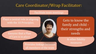 Completes the CANS
& other fidelity
measures
Gets to know the
family and child -
their strengths and
needs
Provides linkage between
all members of the team
Plays a central role in aligning
with the 10 Principles.
Ensures that a Plan
of Care is in place
Facilitate team meetings
 