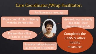 Gets to know the family
and child - their
strengths and needs
Completes the
CANS & other
fidelity
measures
Provides linkage between
all members of the team
Plays a central role in aligning
with the 10 Principles.
Ensures that a Plan
of Care is in place
Facilitate team meetings
 