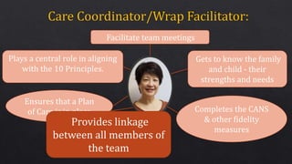 Gets to know the family
and child - their
strengths and needs
Completes the CANS
& other fidelity
measures
Plays a central role in aligning
with the 10 Principles.
Ensures that a Plan
of Care is in place
Facilitate team meetings
Provides linkage
between all members of
the team
 