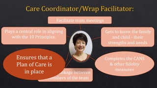 Gets to know the family
and child - their
strengths and needs
Completes the CANS
& other fidelity
measures
Provides linkage between
all members of the team
Plays a central role in aligning
with the 10 Principles.
Ensures that a
Plan of Care is
in place
Facilitate team meetings
 