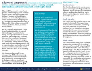 Edgewood Wraparound is founded on the principles of wraparound                                               EDGEWOOD TEAM
  services and provides unconditional care that is family-centered,                                            Care Coordinator:
  individualized, culturally competent, and strengths-based.                                                   The Care Coordinator is the central contact
                                                                                                               person for all Edgewood Wraparound team
  Edgewood Wraparound is a team-based                                                                          members. He/She manages the collaborative
  process, aimed at helping youth and their                                                                    effort by working closely with the youth,
  families in San Francisco County’s Child                   PHILOSOPHY                                        family, and the Edgewood team to achieve
  Welfare, Probation, or Mental Health                                                                         the family’s goals.
  systems who are at-risk of group home                      As each child and family is
  care or are transitioning from group care                  unique, Edgewood Wraparound                       Family Specialist:
  to a family setting. Families are referred to              prides itself on creating                         The Family Specialist provides one-on-one
  Edgewood by child welfare workers, AAP                     individually tailored programs                    support to the youth. This support may
  workers, probation ofﬁcers, or mental                      that ﬁt the speciﬁc needs of                      include, but is not limited to, connecting
  health workers.                                            those we serve.                                   the youth to a variety of community
                                                                                                               resources such as: after school programs,
  For each family in Wraparound, a team                                                                        mentors, hobbies, and job opportunities;
                                                             The development of the plan for
  is developed that includes formal and                                                                        assist in the care and supervision of the
  informal supports identiﬁed by the
                                                             the family occurs in regularly
                                                             scheduled Child and Family                        youth; and implement individual and group
  family. The hope is to have more “natural                                                                    activities that encourage the youth’s social
  supports” than paid workers. This team                     Team meetings which are a
                                                             collaborative effort among the                    development.
  discovers what each family’s goals and
  concerns are; then services are designed                   Edgewood Wraparound team,
                                                                                                               Family Partner:
  in a creative and ﬂexible manner to meet                   the County, the family, and
                                                                                                               The Family Partner comes to the Edgewood
  these needs. Edgewood Wraparound is able                   their support network.
                                                                                                               Wraparound program with the personal
  to support children and families who need
                                                             These meetings focus on                           experience of successfully integrating his/
  assistance with issues related to mental
                                                             creating and maintaining a                        her child back into the home after being
  health, substance abuse, or co-occurring
                                                                                                               involved in the Child Welfare, Probation, or
  disorders.                                                 family mission, identifying
                                                                                                               Mental Health systems. The Family Partner
                                                             the strengths and needs of the
  The Wraparound approach focuses                                                                              has a unique perspective of these systems
                                                             family, and creating goals that                   and is able to provide peer support from a
  on supporting children by enhancing
                                                             the members of the team can                       “been there” position. The Family Partner is
  natural resources within their families
  and communities so that they can live                      achieve to support the family.                    responsible for coordinating parent support
  in the least restrictive, most family-                                                                       activities and resources; engage family
  like setting possible. Permanency and                                                                        members in the process to increase their
  connectedness is the ultimate goal.                                                                          involvement; and assist them in achieving
                                                                                                               their goals.

For more information, please call 415.681.3211 or visit us online www.edgewood.org/whatwedo/community/sfwrap.html.
 