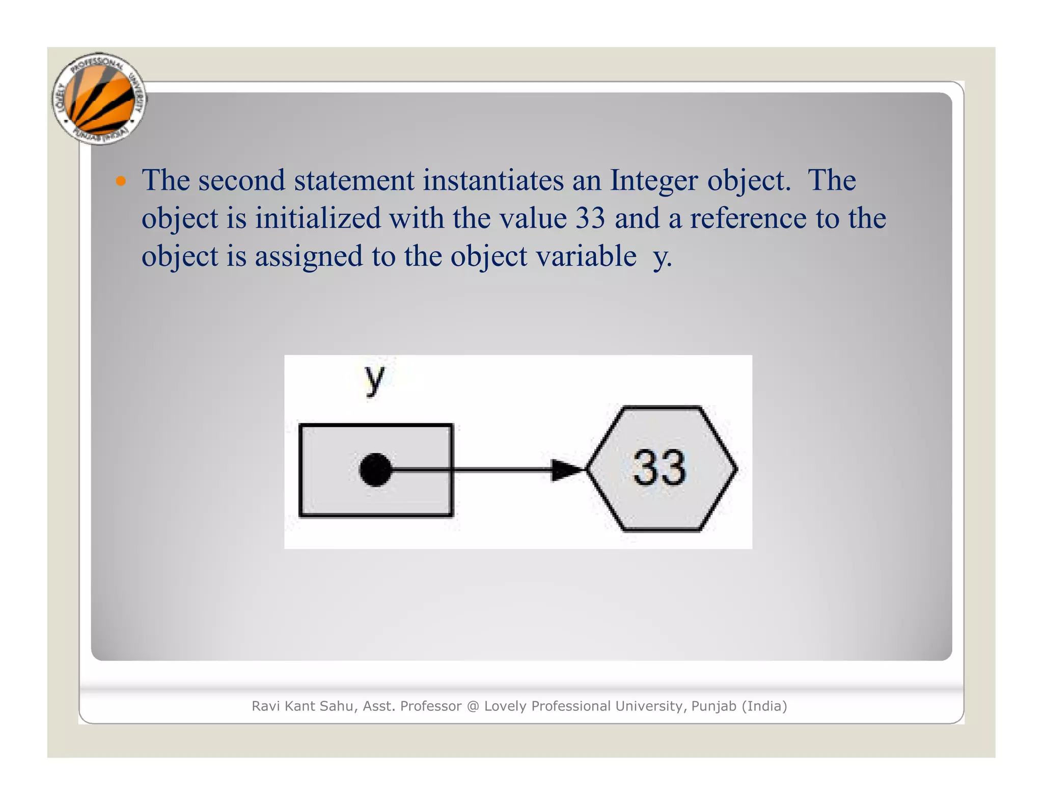  The second statement instantiates an Integer object. The
object is initialized with the value 33 and a reference to the
object is assigned to the object variable y.
Ravi Kant Sahu, Asst. Professor @ Lovely Professional University, Punjab (India)
 