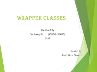 Wrapper Classes
Prepared By
Soni Axay R. (130240116056)
5th
IT
Guided By
Prof. Hiral Shastri
 