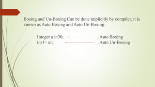 Boxing and Un-Boxing Can be done implicitly by compiler, it is
known as Auto Boxing and Auto Un-Boxing.
Integer a1=30; Auto Boxing
int l= a1; Auto Un-Boxing
 
