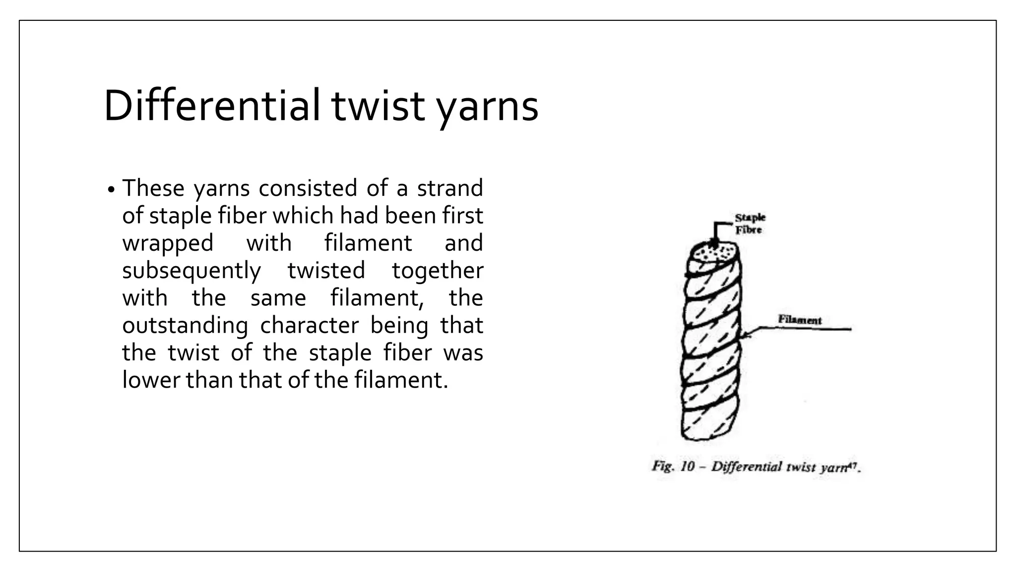 Differential twist yarns
• These yarns consisted of a strand
of staple fiber which had been first
wrapped with filament and
subsequently twisted together
with the same filament, the
outstanding character being that
the twist of the staple fiber was
lower than that of the filament.
 