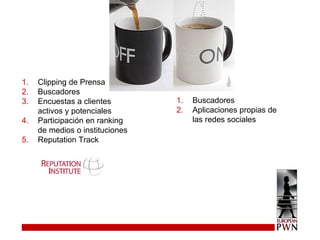 Clipping de Prensa Buscadores Encuestas a clientes activos y potenciales Participación en ranking de medios o instituciones Reputation Track Buscadores Aplicaciones propias de las redes sociales 