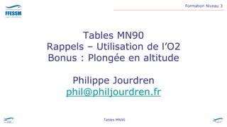 Formation Niveau 3
Tables MN90
Tables MN90
Rappels – Utilisation de l’O2
Bonus : Plongée en altitude
Philippe Jourdren
phil@philjourdren.fr
 