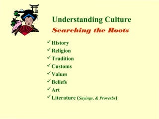 Understanding Culture 
Searching the Roots 
History 
Religion 
Tradition 
Customs 
Values 
Beliefs 
Art 
Literature (Sayings, & Proverbs) 
 