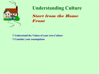Understanding Culture 
Start from the Home 
Front 
$ Understand the Values of your own Culture 
$ Consider your assumptions 
 