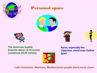 Personal space 
The American bubble 
Extends about 12-15 inches 
(combined 24-30 inches) 
Asian, especially the 
Japanese, stand even further 
apart 
Latin Americans, Mexicans, Mediterranean people stand much closer 
 