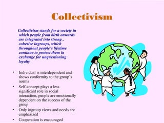 Collectivism 
Collectivism stands for a society in 
which people from birth onwards 
are integrated into strong , 
cohesive ingroups, which 
throughout people’s lifetime 
continue to protect them in 
exchange for unquestioning 
loyalty 
• Individual is interdependent and 
shows conformity to the group’s 
norms 
• Self-concept plays a less 
significant role in social 
interaction, people are emotionally 
dependent on the success of the 
group 
• Only ingroup views and needs are 
emphasized 
• Cooperation is encouraged 
 