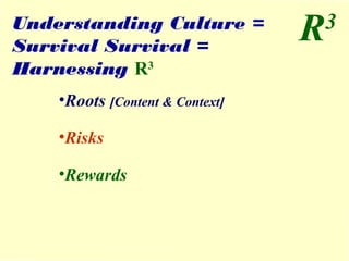 Understanding Culture = 
Survival Survival = 
Harnessing R3 
•Roots [Content & Context] 
•Risks 
•Rewards 
R3 
 