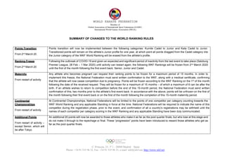 WORLD KARATE FEDERATION
Member of:
Global Association of International Sport Federations (GAISF)
International World Games Association (IWGA)
SUMMARY OF CHANGES TO THE WORLD RANKING RULES
Points Transition
From 2nd March 20
Points transition will now be implemented between the following categories: Kumite Cadet to Junior and Kata Cadet to Junior.
Transitioned points will remain on the athlete’s Junior profile for one year, at which point all points dragged from the Cadet category into
the Junior category of the WKF World Ranking will be erased from the athlete’s profile.
Ranking Freeze
From 2nd March 20
Following the outbreak of COVID-19 and given an expected and significant period of inactivity from the last event to take place (Salzburg
Premier League, 28 Feb – 1 Mar 2020) until activity can restart again, the following WKF Rankings will be frozen from 2nd March 2020
until the first of the month following the first event back: Senior, Junior and Cadet.
Maternity
From restart of activity
Any athlete who becomes pregnant can request their ranking points to be frozen for a maximum period of 15 months. In order to
implement this freeze, the National Federation must send written confirmation to the WKF, along with a medical certificate, confirming
that the athlete will now cease competition due to pregnancy. Points will be frozen according to the WKF Ranking on the 1st of the month
following the date of the received request. They will be frozen for a maximum of 15 months – of which a maximum of 6 can be after the
birth. If an athlete wishes to return to competition before the end of this 15-month period, the National Federation must send written
confirmation of this, two months prior to the athlete’s first event back. In accordance with the above, points will be unfrozen on the first of
the month following their first event back or on the first of the month following the completion of this 15-month maternity period.
Continental
Championships
From restart of activity
At Continental Championships, National Federations will be limited to the points of one competitor per category counting towards the
WKF World Ranking and any applicable Standing in force at the time. National Federations will be required to indicate the name of this
competitor during the registration phase, prior to the event, and confirmation of all a country’s registrations may be withheld until the
names of each competitor per category scoring in the WKF Ranking and any applicable Standing have been duly communicated.
Additional Points
From restart of activity –
except Senior, which will
be after Tokyo
An additional 20 points will now be awarded to those athletes who make it as far as the pool quarter finals, but who lose at this stage and
do not make it through to the repechage or final. These “progression” points have been introduced to reward those athletes who get as
far as the pool quarter finals.
C/ Princesa, 25, 3º 1 - 28008 Madrid – Spain
Phone: +34 91 535 96 32, Fax: +34 91 535 96 33, e-mail: wkf@wkf.net, http://www.wkf.net
 