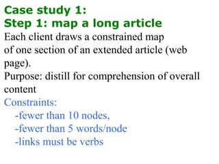 Case study 1:
Step 1: map a long article
Each client draws a constrained map
of one section of an extended article (web
page).
Purpose: distill for comprehension of overall
content
Constraints:
-fewer than 10 nodes,
-fewer than 5 words/node
-links must be verbs
 