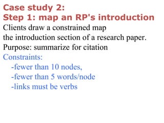 Case study 2:
Step 1: map an RP's introduction
Clients draw a constrained map
the introduction section of a research paper.
Purpose: summarize for citation
Constraints:
-fewer than 10 nodes,
-fewer than 5 words/node
-links must be verbs
 